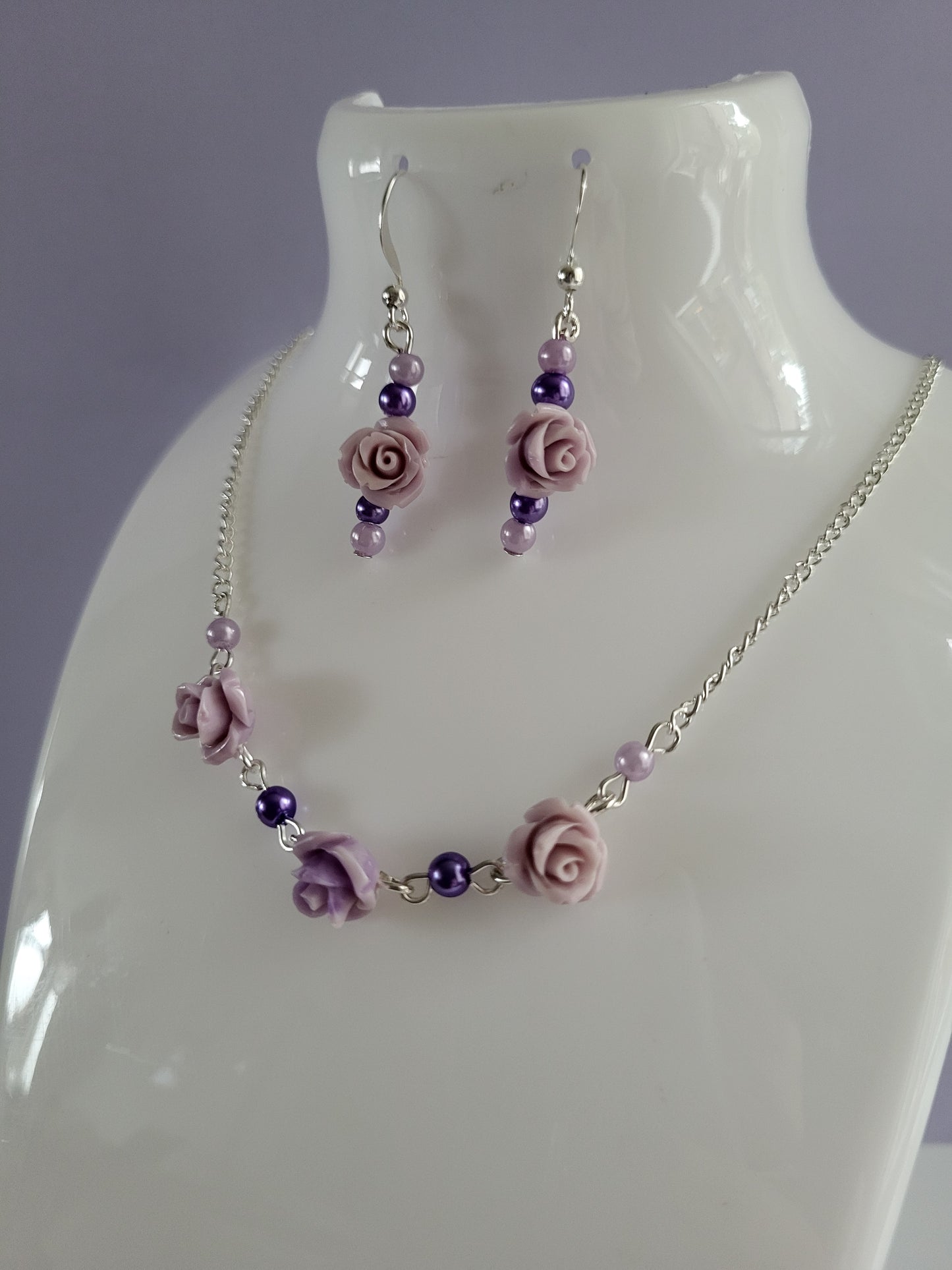 Lilac Rose and Faux Pearl Earring and Necklace Set. One of a Kind