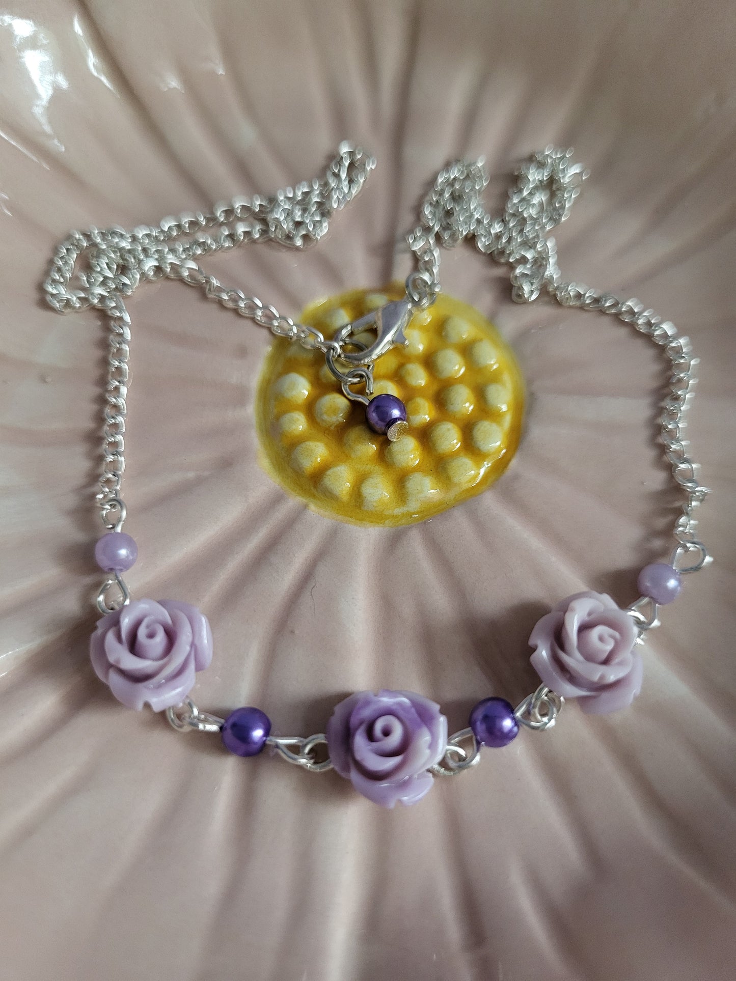 Lilac Rose and Faux Pearl Earring and Necklace Set. One of a Kind