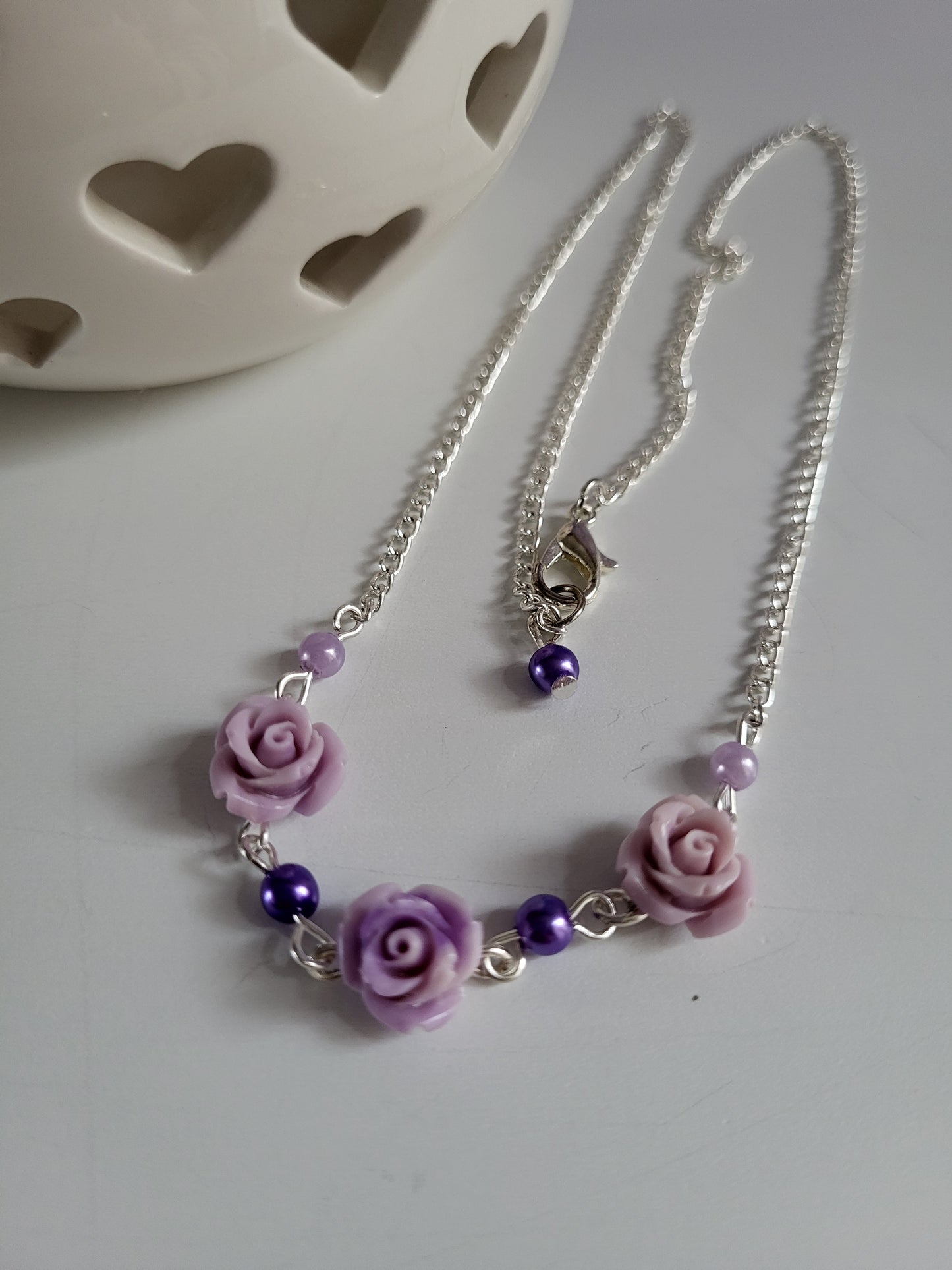 Lilac Rose and Faux Pearl Earring and Necklace Set. One of a Kind