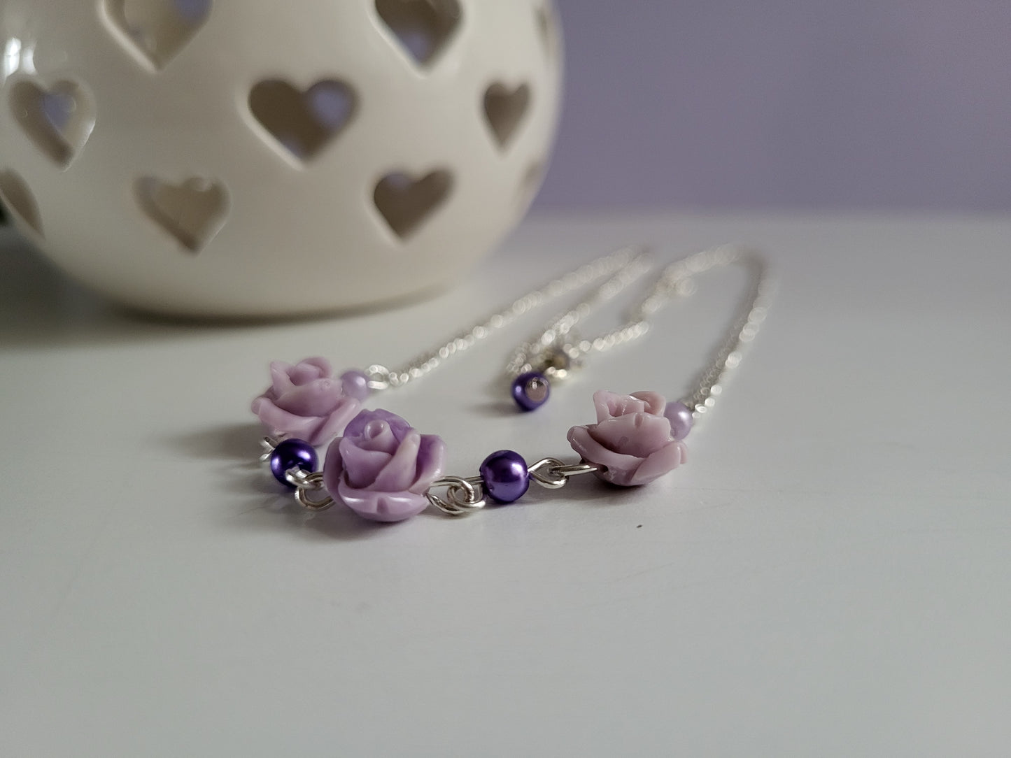 Lilac Rose and Faux Pearl Earring and Necklace Set. One of a Kind