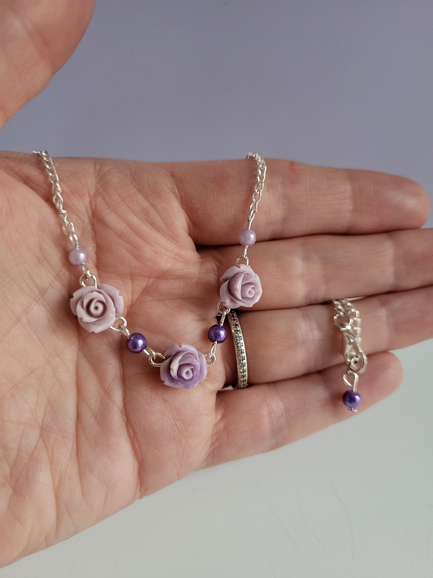 Lilac Rose and Faux Pearl Earring and Necklace Set. One of a Kind