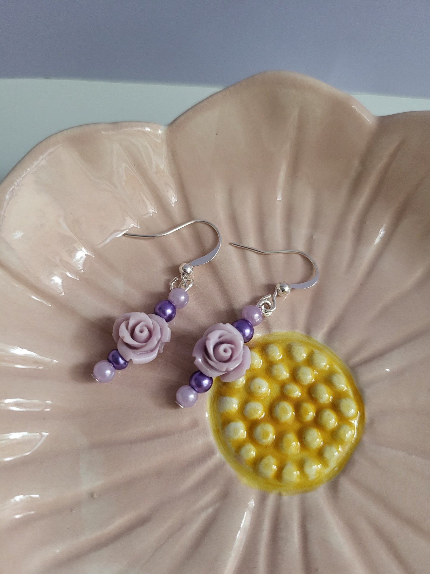 Lilac Rose and Faux Pearl Earring and Necklace Set. One of a Kind