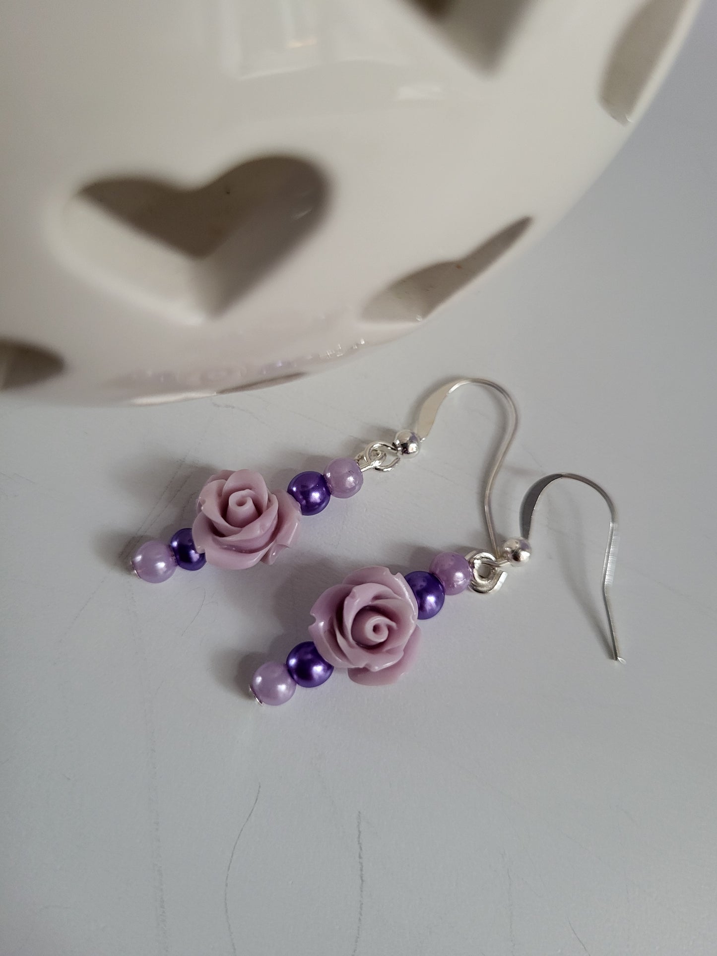 Lilac Rose and Faux Pearl Earring and Necklace Set. One of a Kind