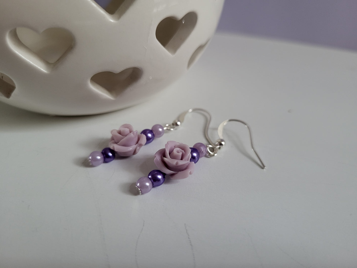 Lilac Rose and Faux Pearl Earring and Necklace Set. One of a Kind