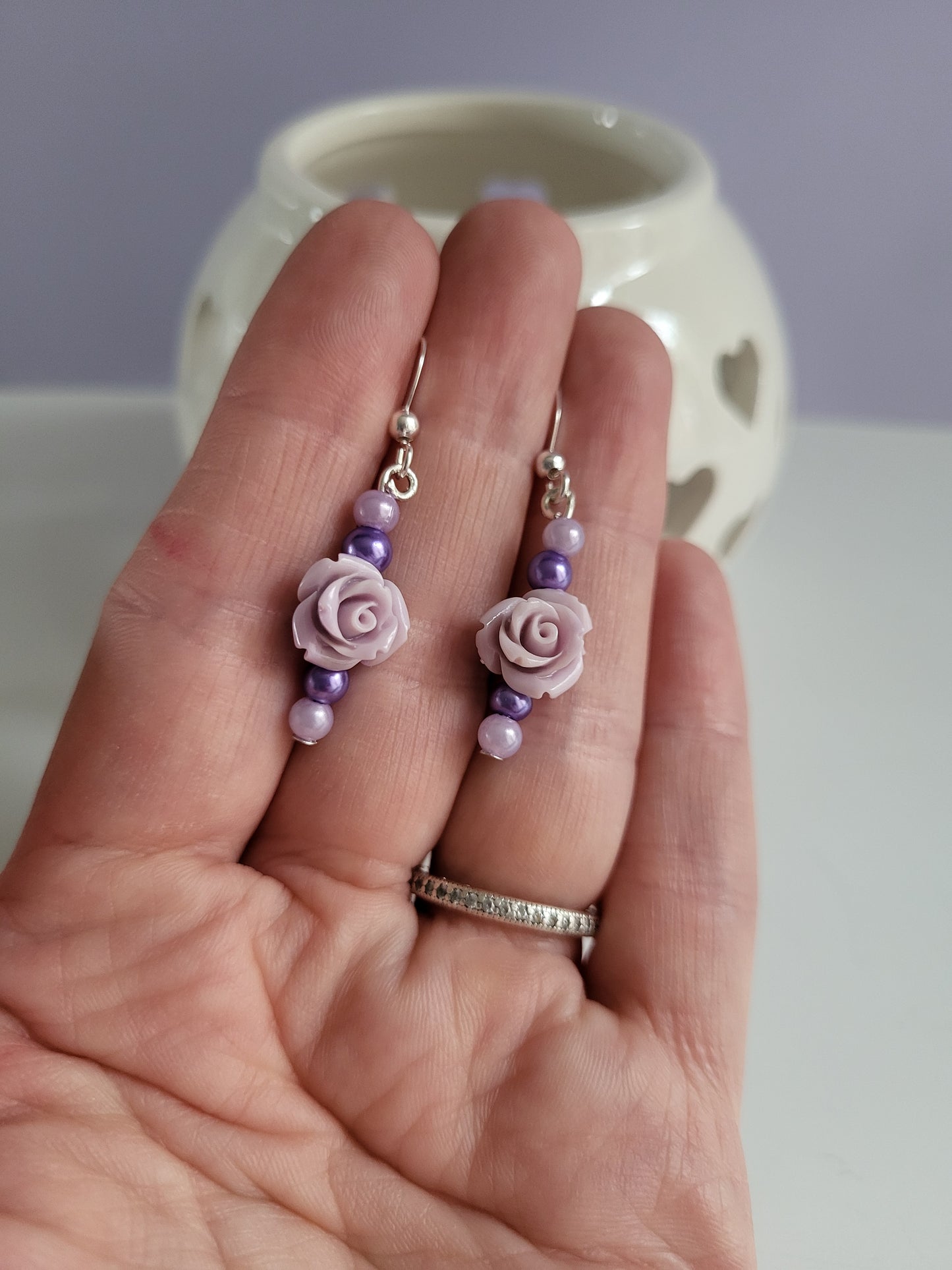 Lilac Rose and Faux Pearl Earring and Necklace Set. One of a Kind