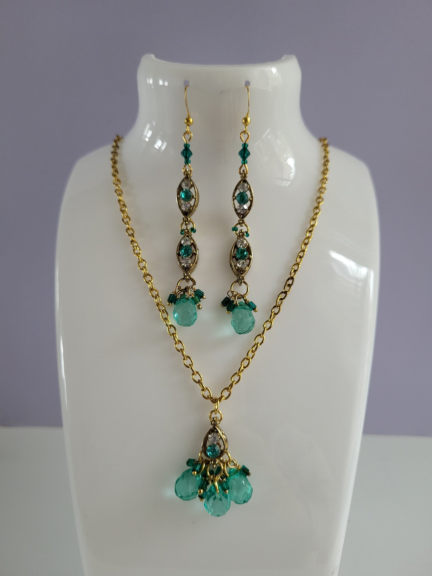 Gold Tone with Green Stones Earrings and Necklace Set. Upcycled, Recycled, One of a Kind