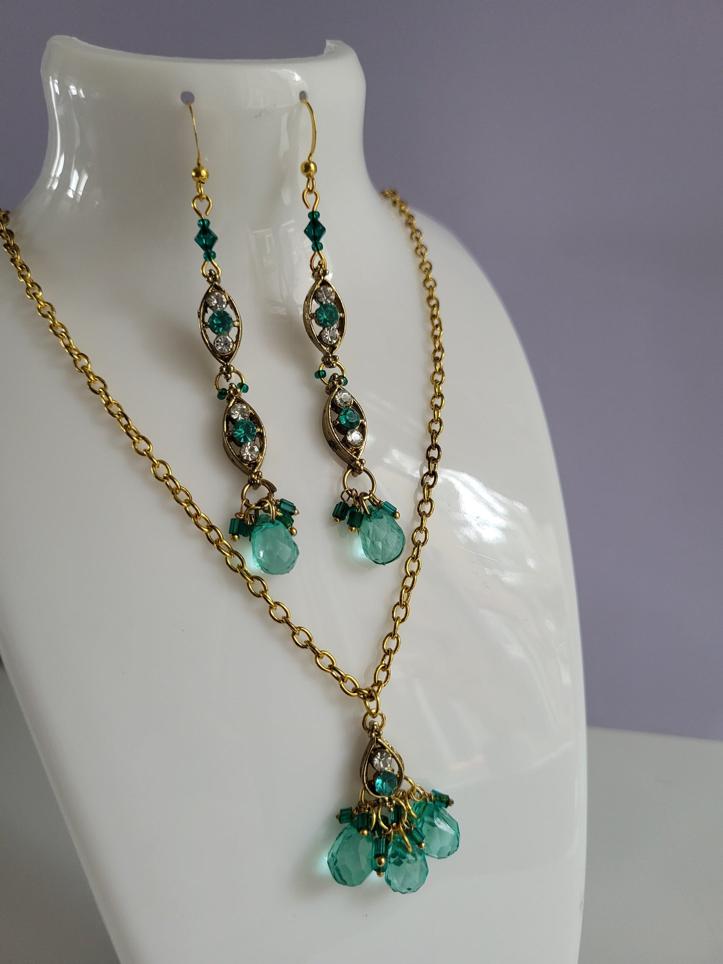 Gold Tone with Green Stones Earrings and Necklace Set. Upcycled, Recycled, One of a Kind