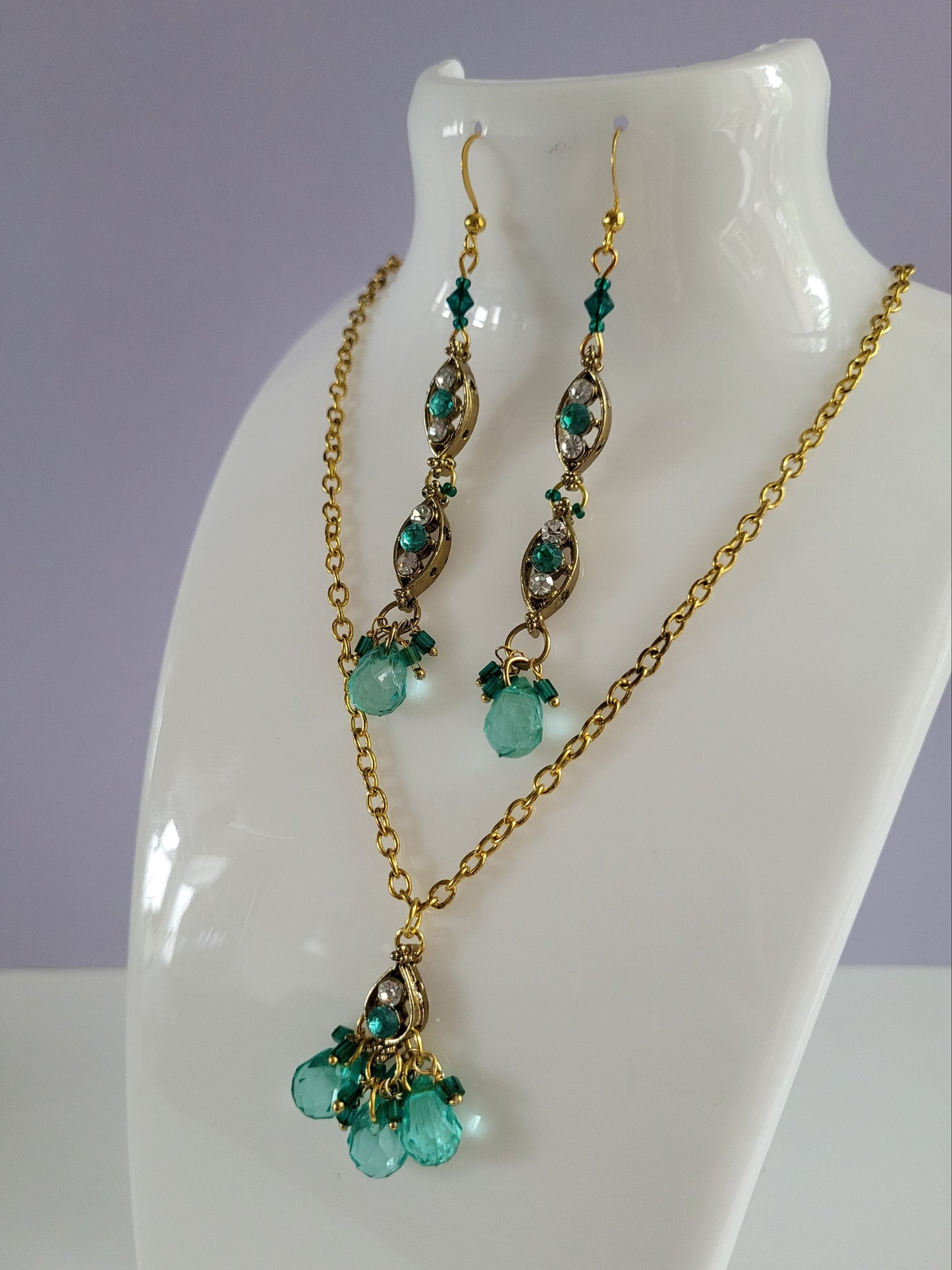 Gold Tone with Green Stones Earrings and Necklace Set. Upcycled, Recycled, One of a Kind