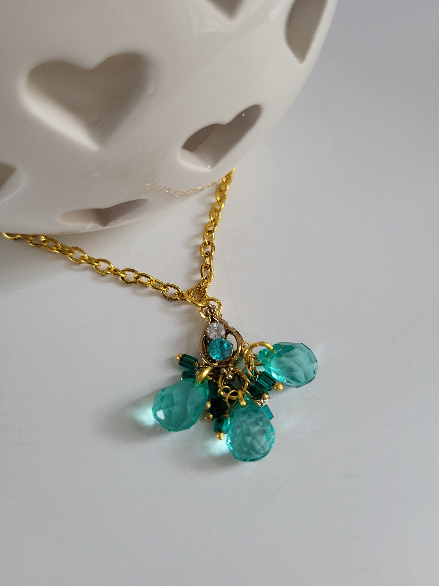 Gold Tone with Green Stones Earrings and Necklace Set. Upcycled, Recycled, One of a Kind