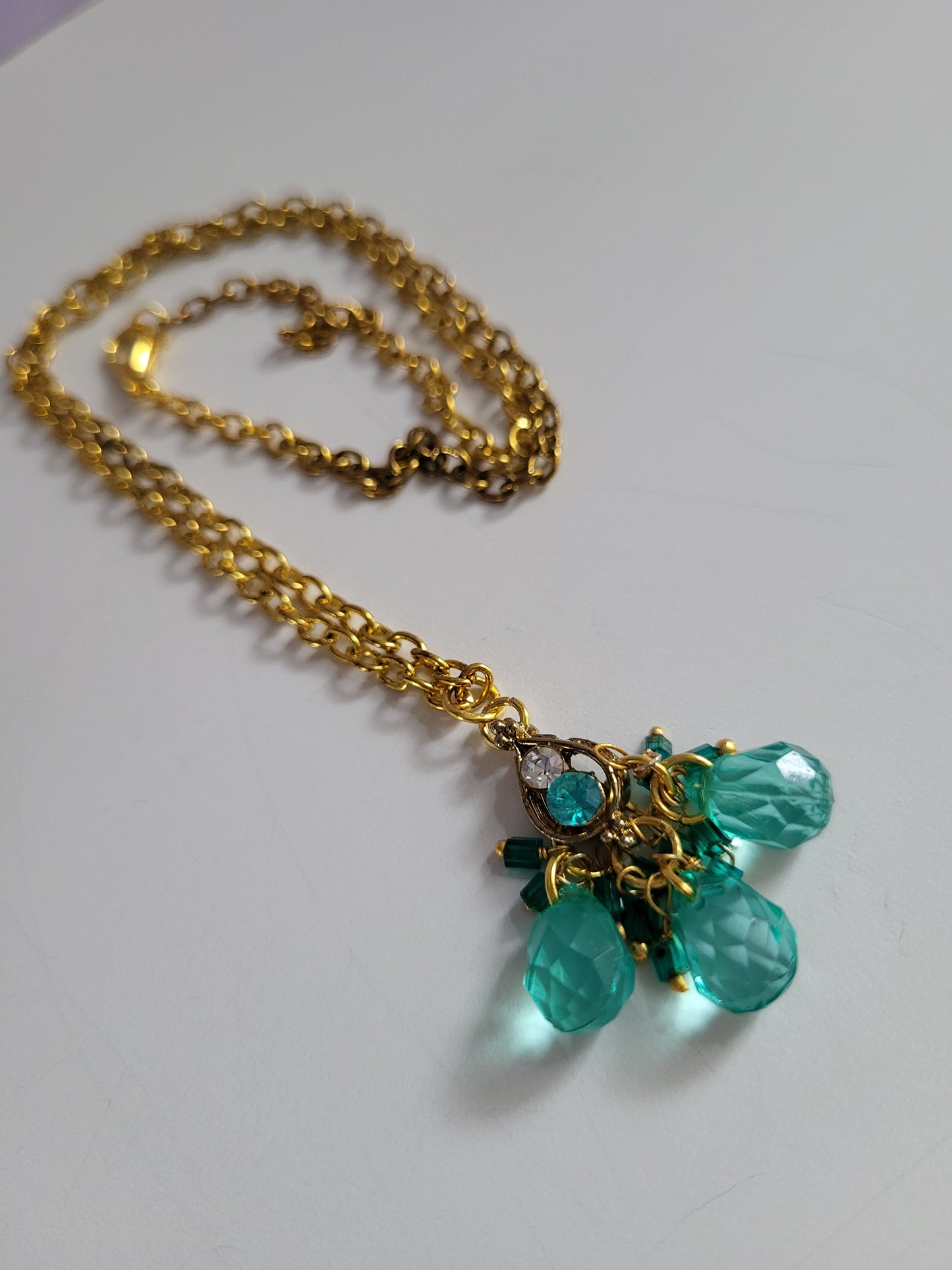 Gold Tone with Green Stones Earrings and Necklace Set. Upcycled, Recycled, One of a Kind