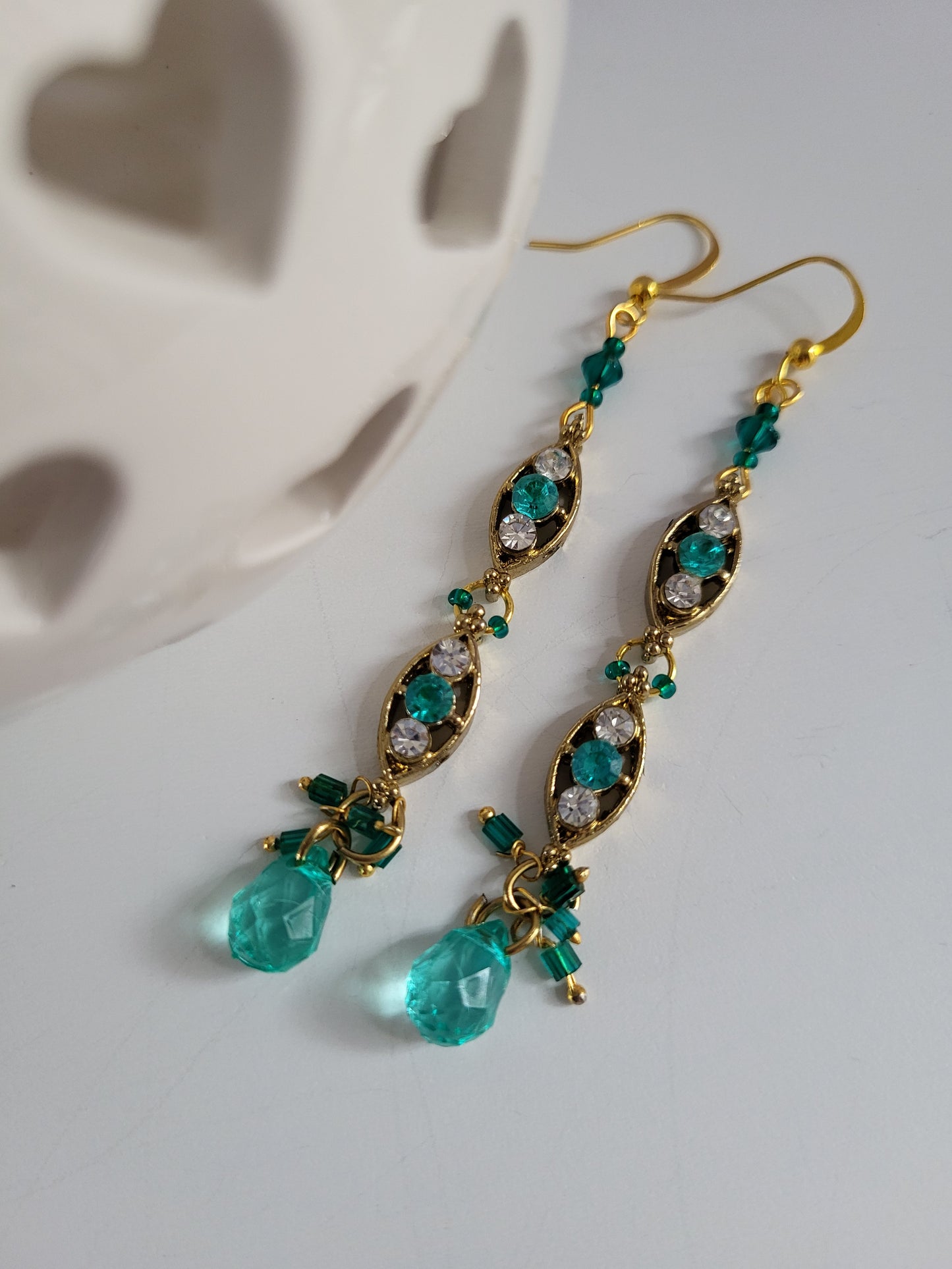 Gold Tone with Green Stones Earrings and Necklace Set. Upcycled, Recycled, One of a Kind