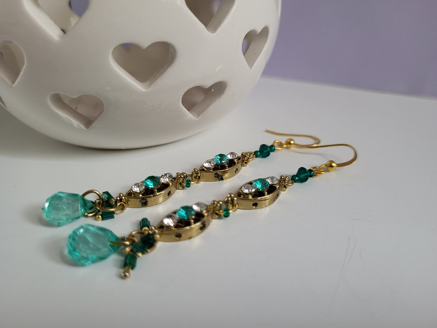 Gold Tone with Green Stones Earrings and Necklace Set. Upcycled, Recycled, One of a Kind