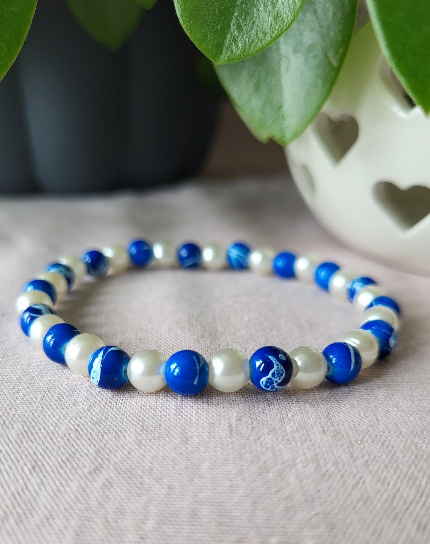 Blue and White Faux Pearl Beaded Bracelet