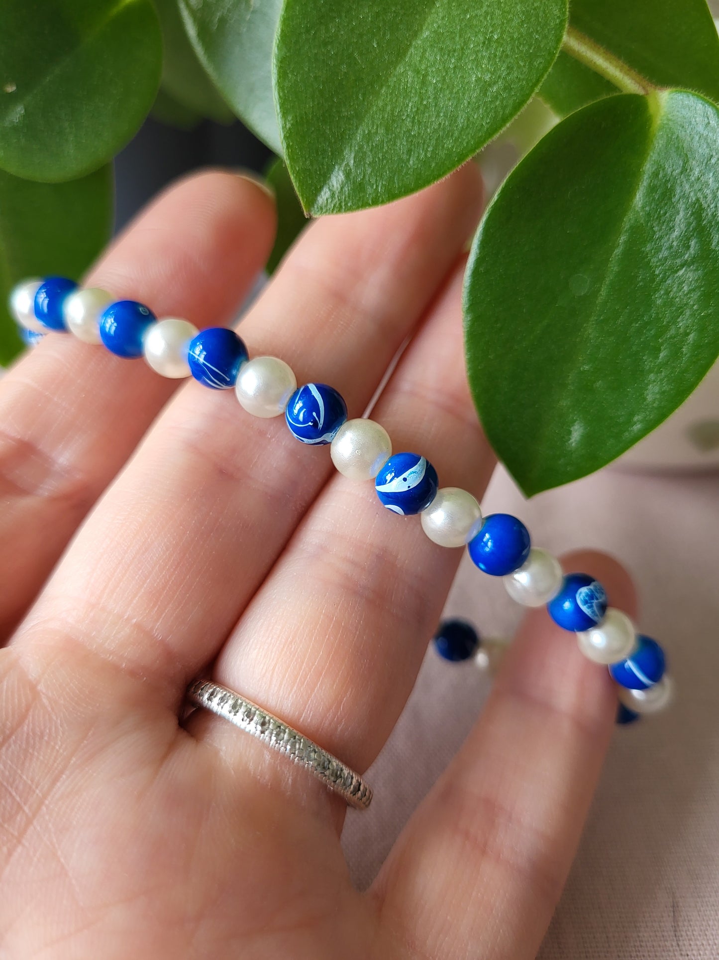 Blue and White Faux Pearl Beaded Bracelet