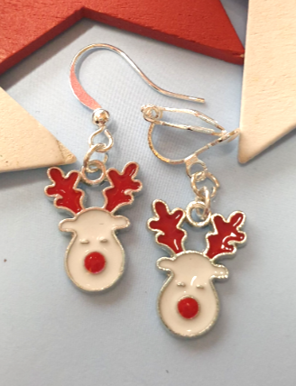 Red and White Rudolph Face Earrings, Nickel Free Wires or Clip Ons