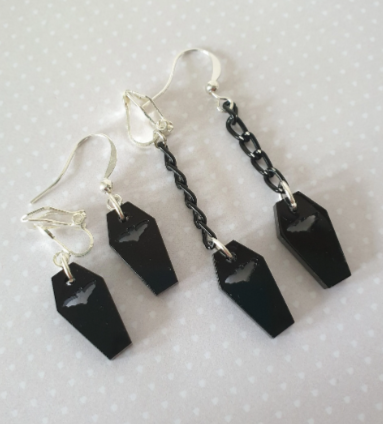 Bat Coffin Small Drop Dangle Earrings Halloween Spooky Clip Ons, Hypoallergenic Allergy Nickel Lead Free Stocking Filler