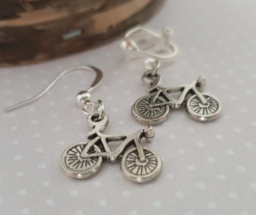 Bicycle Bike Silver Earrings. Cycling, Cycle, Sport. Clip On, Hypoallergenic, Allergy, Lead, Nickel Free.