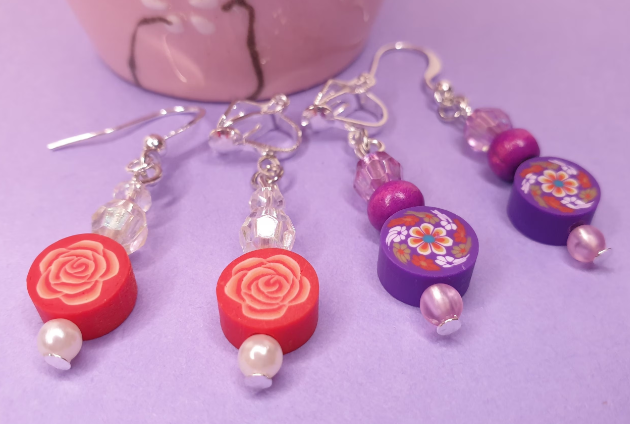 Floral Beaded Earrings. Purple Flower Earrings. Red Rose Earrings. Beaded Earrings. Clip On Earrings. Nickel Free Earrings.