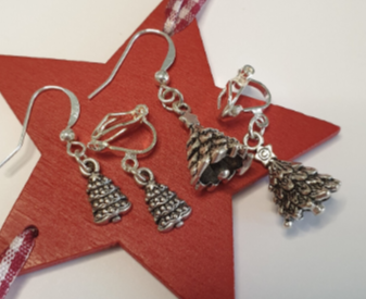 Christmas Tree Earrings.  Silver, Xmas, Clip On, Hypoallergenic, Allergy, Nickel, Lead Free.  Gift, Star