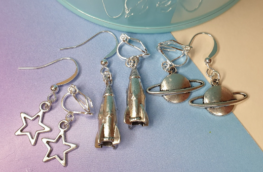 Small Silver Star Outline, Rocket and Planet Earrings.  Space, Gift, Cute, Little. Clip On, Hypoallergenic, Allergy, Lead, Nickel Free