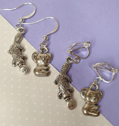 Duck Billed Platypus or Koala Earrings, Silver.  Animals, Australia, Gift. Clip On, Hypoallergenic, Allergy, Lead, Nickel Free