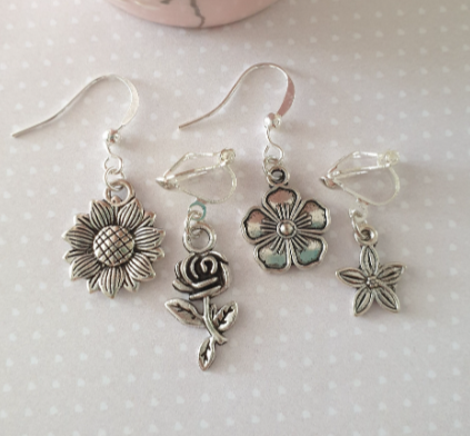 Flower Earrings, Sunflower, Rose, Forget Me Not  Silver. Summer, Flowers, Gift, Floral. Clip On, Hypoallergenic, Allergy, Lead, Nickel Free