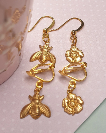 Small Flower and Bee Earrings. Brass, Gold Tone, Floral, Insect, Animal, Clip Ons, Hypoallergenic, Allergy, Lead, Nickel Free. Pretty Gift