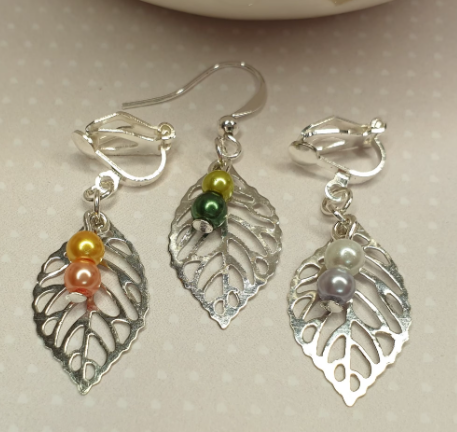 Silver Leaf Earrings with Bead Detail. Leaves. Hypoallergenic, Nickel and Allergy Free. Clip Ons.