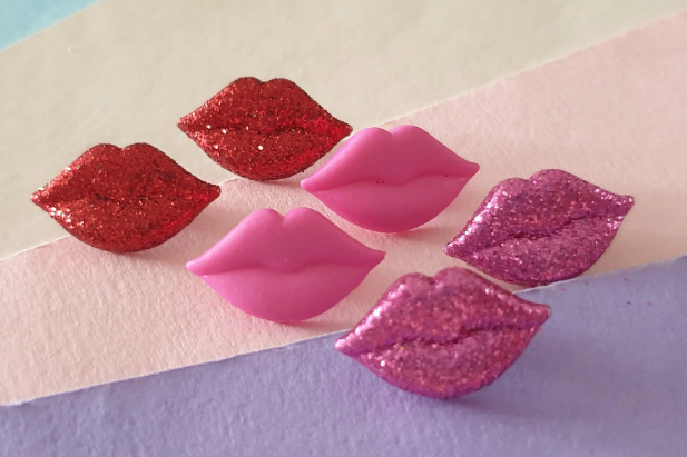 Lips Stud Earrings. Kiss, Love, Glitter, Red, Pink. Clip On, Hypoallergenic, Allergy, Lead, Nickel Free. Gift, Valentines