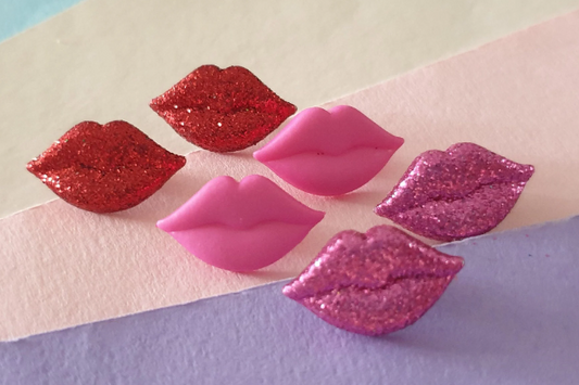 Lips Stud Earrings. Kiss, Love, Glitter, Red, Pink. Clip On, Hypoallergenic, Allergy, Lead, Nickel Free. Gift, Valentines