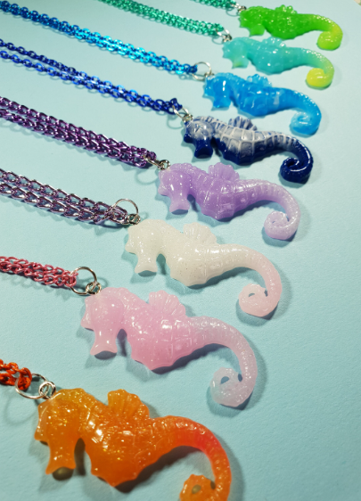 Seahorse Pendant and Chain, Necklace. Sea, Ocean, Marine Life, Gift, Pink, Blue, Purple, Lilac, Orange, White, Green