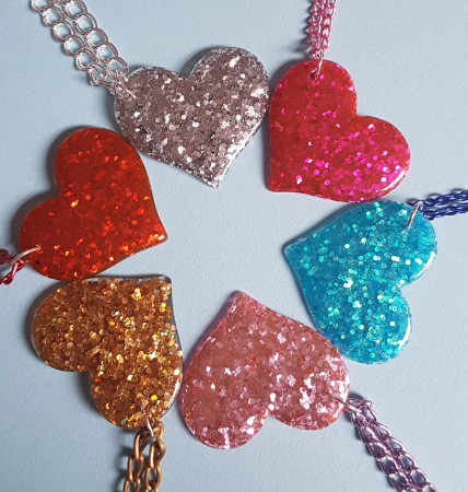 Glitter Heart Necklace Pendant and Chain Pink, Blue, Silver, Gold, Red, Love, Valentine's Day Gift