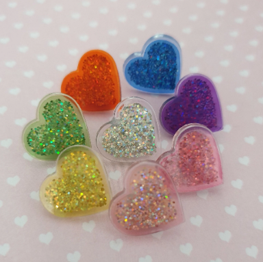 Glitter Heart Stud Earrings, Studs, Colourful, Bright Colours. Clip Ons, Hypoallergenic, Allergy, Lead, Nickel Free