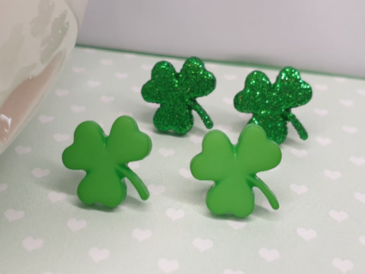 Small Shamrock Stud Earrings. Green Glitter, St. Patricks Day. Hypoallergenic, Allergy, Nickel Free.
