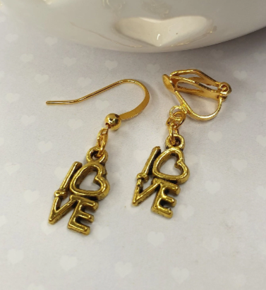 Love Earrings in Gold Tone.  Valentines Gift, Anniversary Gift, Jewellery, Heart, Hypoallergenic, Nickel, Allergy Free. Clip On Earrings