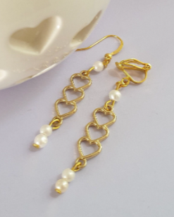 Triple Heart Earrings in Gold Tone with Faux Pearl Detail. Hypoallergenic, Nickel Free or Clip On