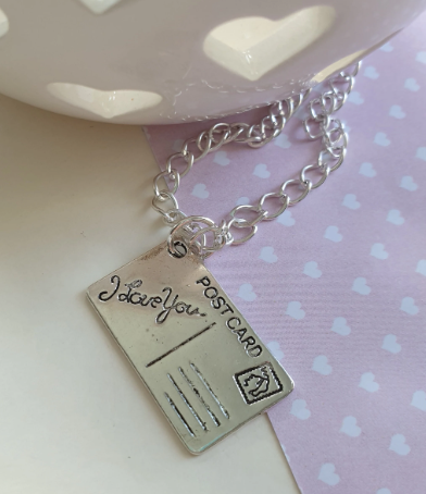 Silver 'I Love You' Postcard Pendant with Chain. Romantic, Valentine's Day Gift, Necklace