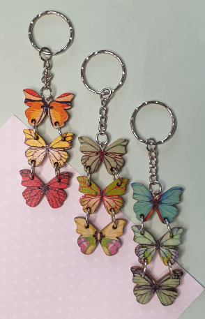 Triple Wooden Butterfly Keychain. Choice of Designs. Pretty and Unusual Stocking Filler Mothers Day