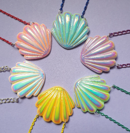 Sea Shell Bib Style Necklace with Iridescent Shine. Mermaid, Clam Shell, Pink, Purple, White, Yellow, Green, Blue, Gift