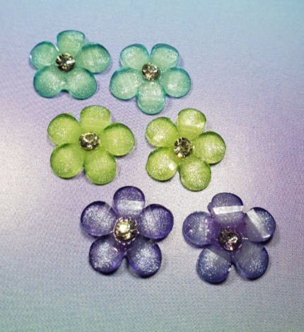 Pretty Flower Stud Earrings with Sparkle. Green, Purple,Blue. Floral. Hypoallergenic, Allergy, Lead, Nickel Free. Mothers Day Gift