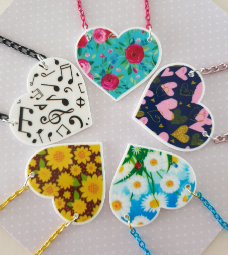 Heart Shaped Bib Style Necklace in a Choice of Designs. Flowers, Floral, Music, Candy, Hearts, Sunflower.