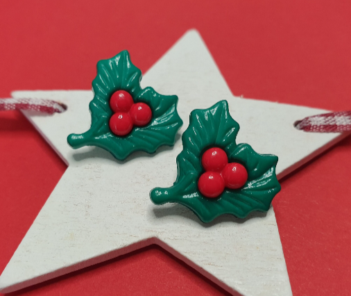 Large Holly Stud Earrings Christmas Xmas Kitsch Hypoallergenic Allergy Lead Nickel Free Stocking Filler