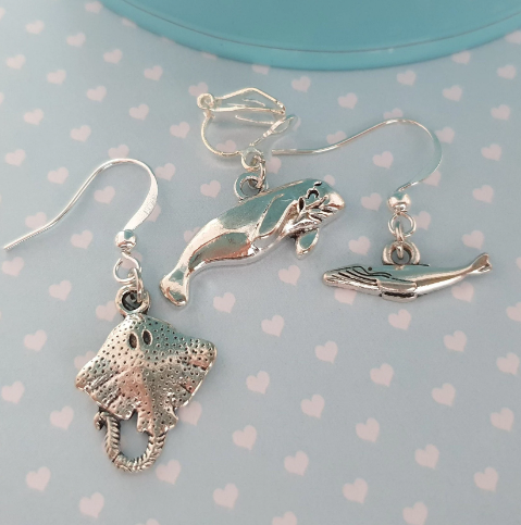 Manta Ray, Whale or Manatee Silver Earrings. Clip On, Hypoallergenic, Allergy, Nickel, Lead Free. Sea Life, Ocean, Animals, Fish