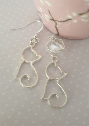 Outline Cat Earrings in Silver with Allergy Free, Nickel Free, Hypoallergenic Wires, or Clip On Earrings