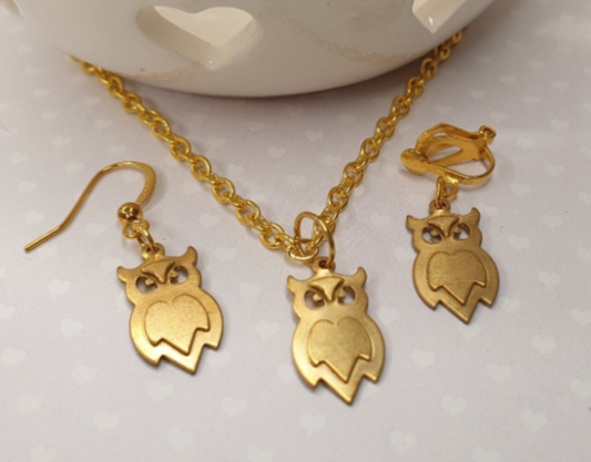 Owl Earrings and Necklace.  Birds, Owls, Gold Hypoallergenic Allergy Lead Nickel Free Stocking Filler Mothers Day