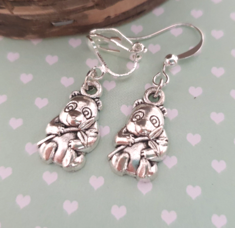 Panda Silver Earrings. Animals, Bear, Bamboo. Clip Ons, Hypoallergenic, Allergy, Lead, Nickel Free. Gift for Her