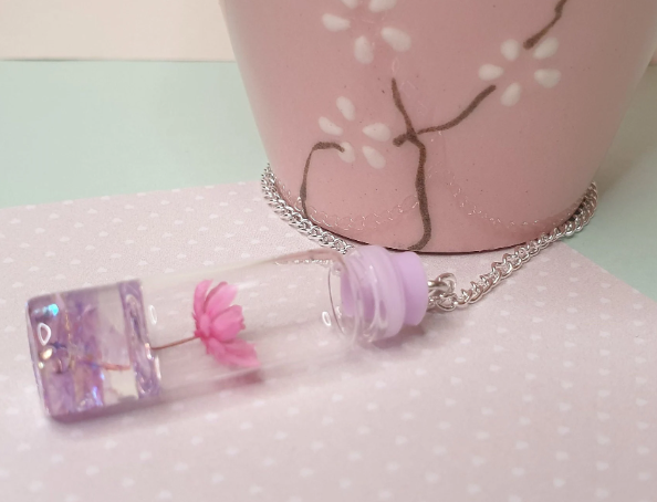 Pretty Flower in Bottle Pendant on Silver Chain.  Necklace, Gift, Stocking Filler, Mothers Day, Floral, Pink