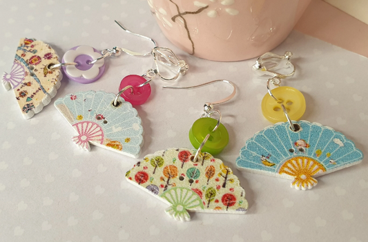 Pretty Wooden Fan Earrings.  Unusual, Summer, Clip On, Hypoallergenic Allergy Free Lead and Nickel Free Stocking Filler