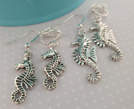 Seahorse Silver Earrings. Sea Horse, Sealife, Ocean, Animals.  Clip On, Hypoallergenic, Allergy, Lead, Nickel Free.  Gift for Her. Summer