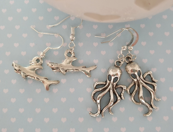 Shark or Octopus Earrings. Sea Life, Ocean, Silver Hypoallergenic, Allergy Free, Lead and Nickel Free Stocking Filler